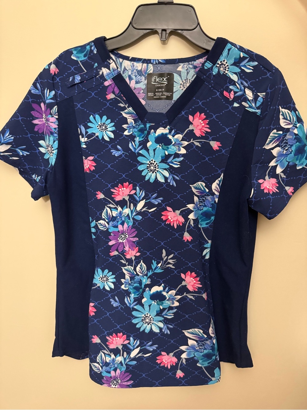 Cherokee Navy Floral V-Neck Scrub Top with Blue and Pink Accents